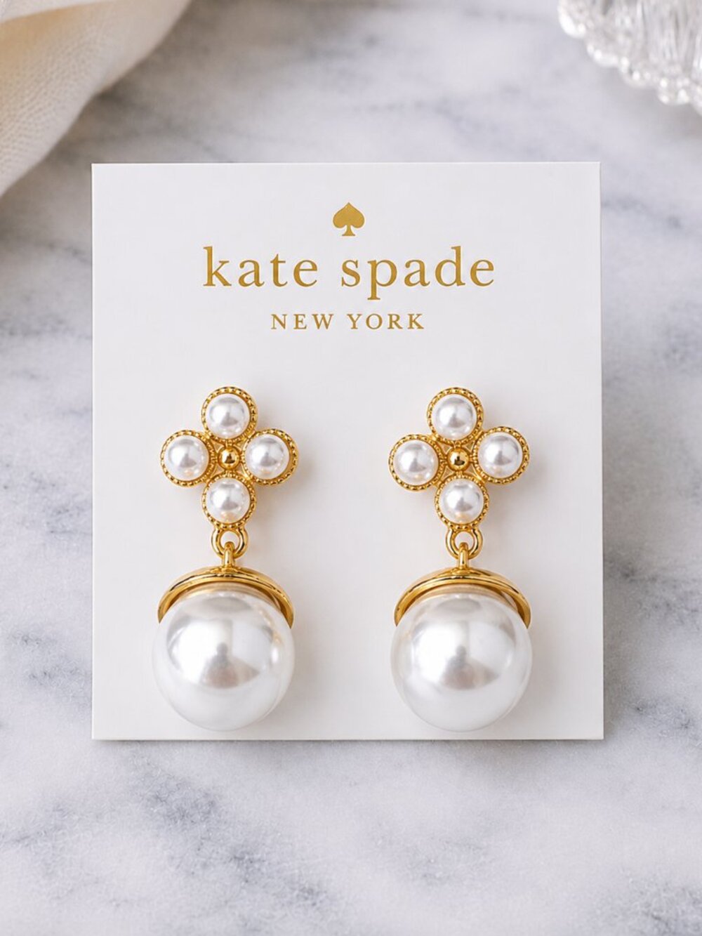 Kate Spade Pearl Drop Earrings Gold Tone Floral Statement Bridal Jewelry